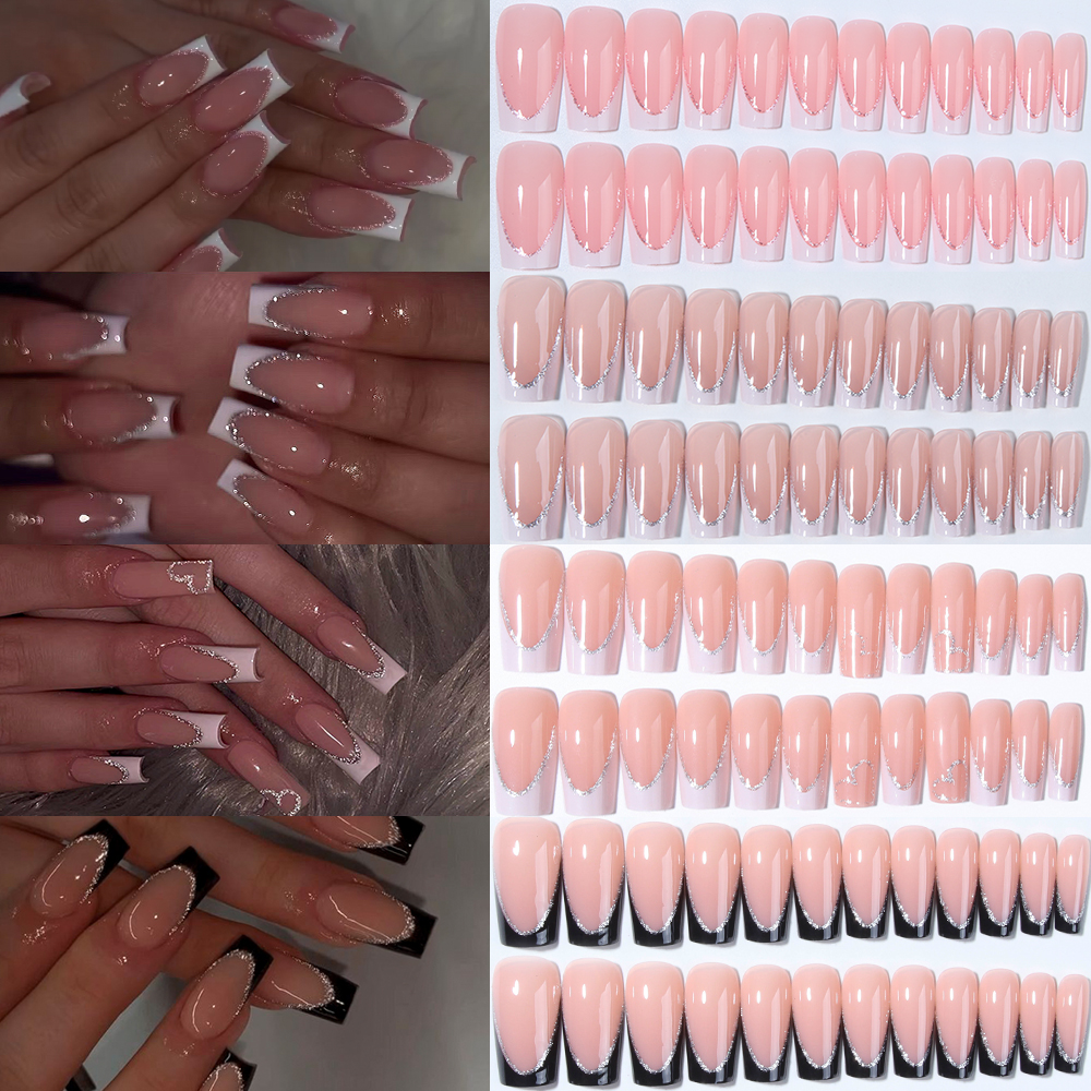 Nail Extension Tips - 96Pcs(4Mixed) Long Coffin Heart Nails Glitter
